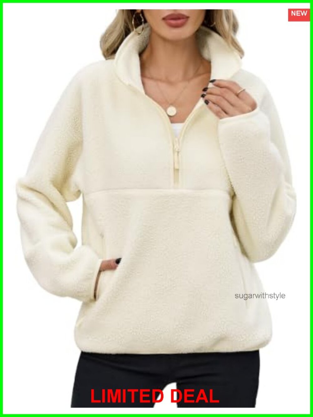 Women's Fleece Half Zip Pullover Fuzzy Sherpa Jacket with Pockets